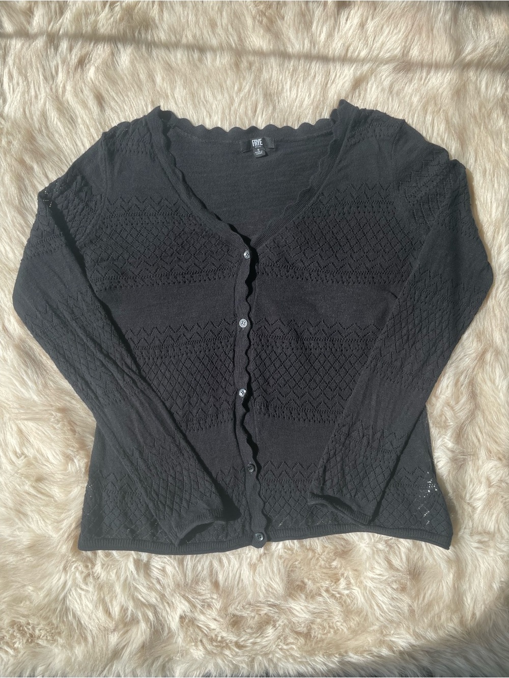 Frye Black Scallop-Edge Pointelle Knit Cardigan